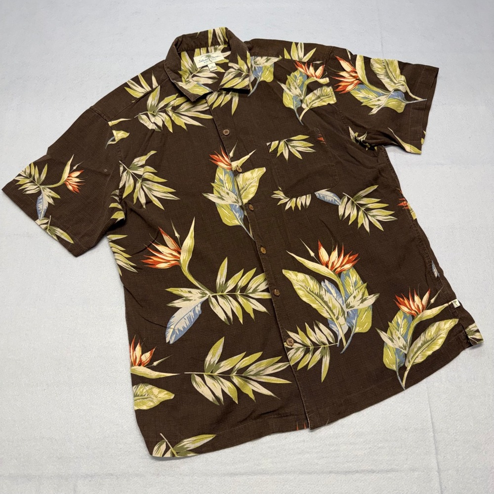 Island Shores Mens XL Brown Silk Bird of Paradise Floral Hawaiian Shirt